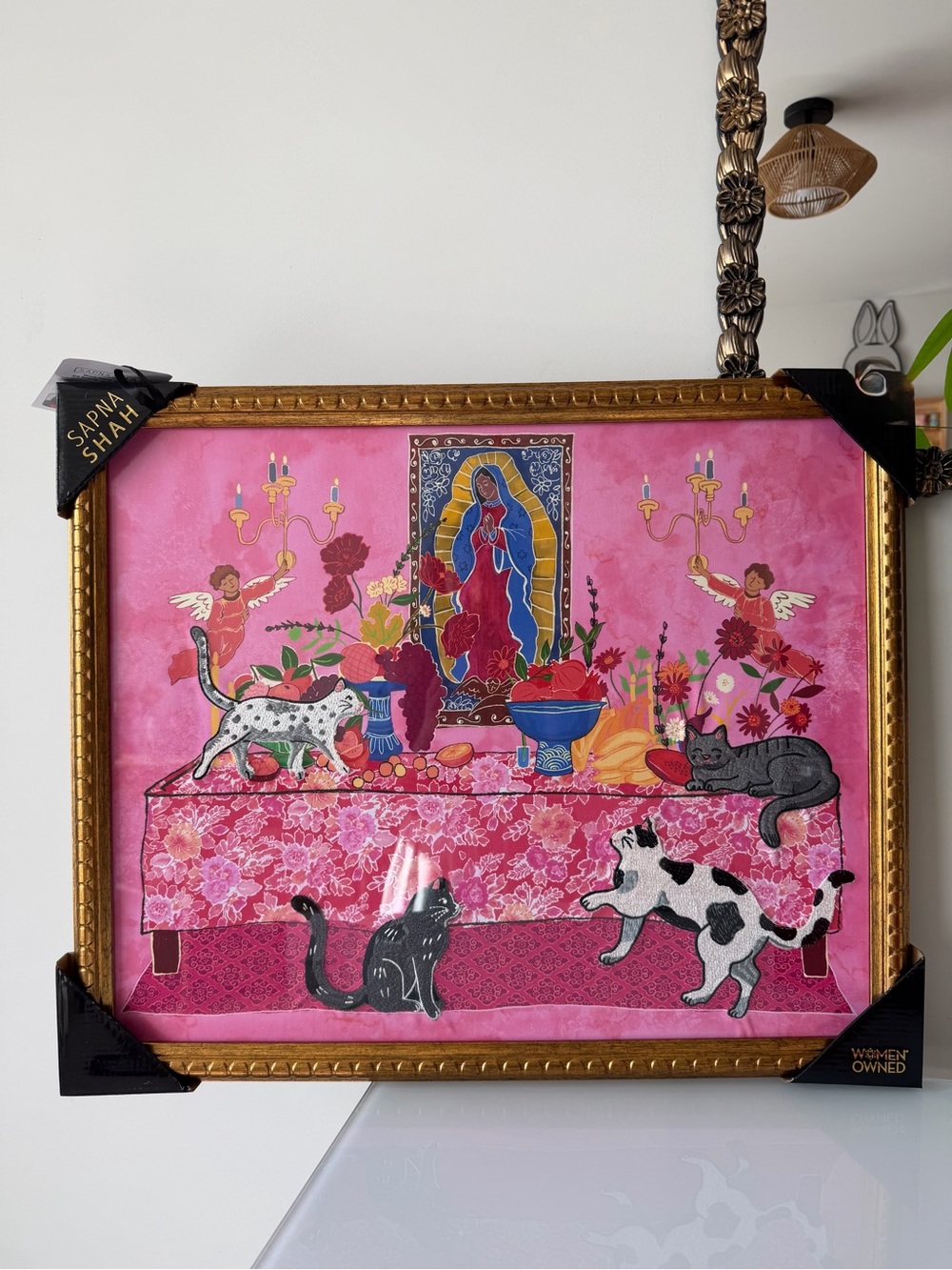 Sapna Shah Pink Cats Virgin Mary table gold frame Wall Art